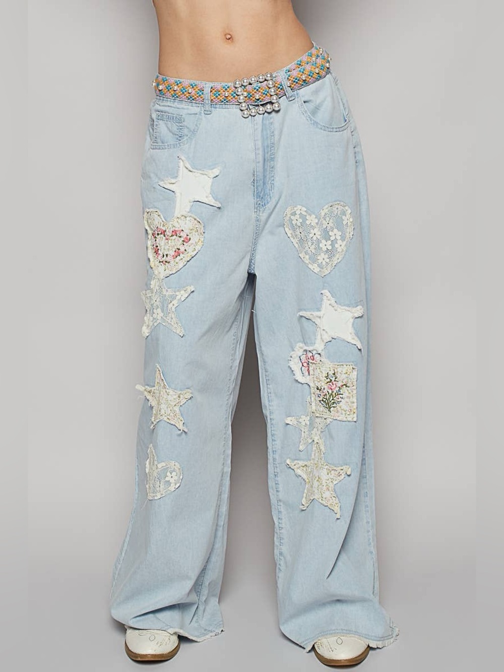 POL Embroidery Wide Leg Denim Pants